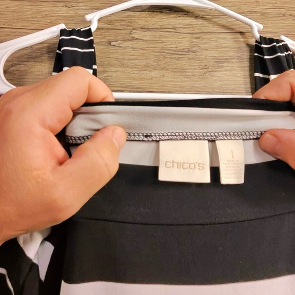 Chico's Monochrome Striped Cold Shoulder Tunic - Picture 7 of 9